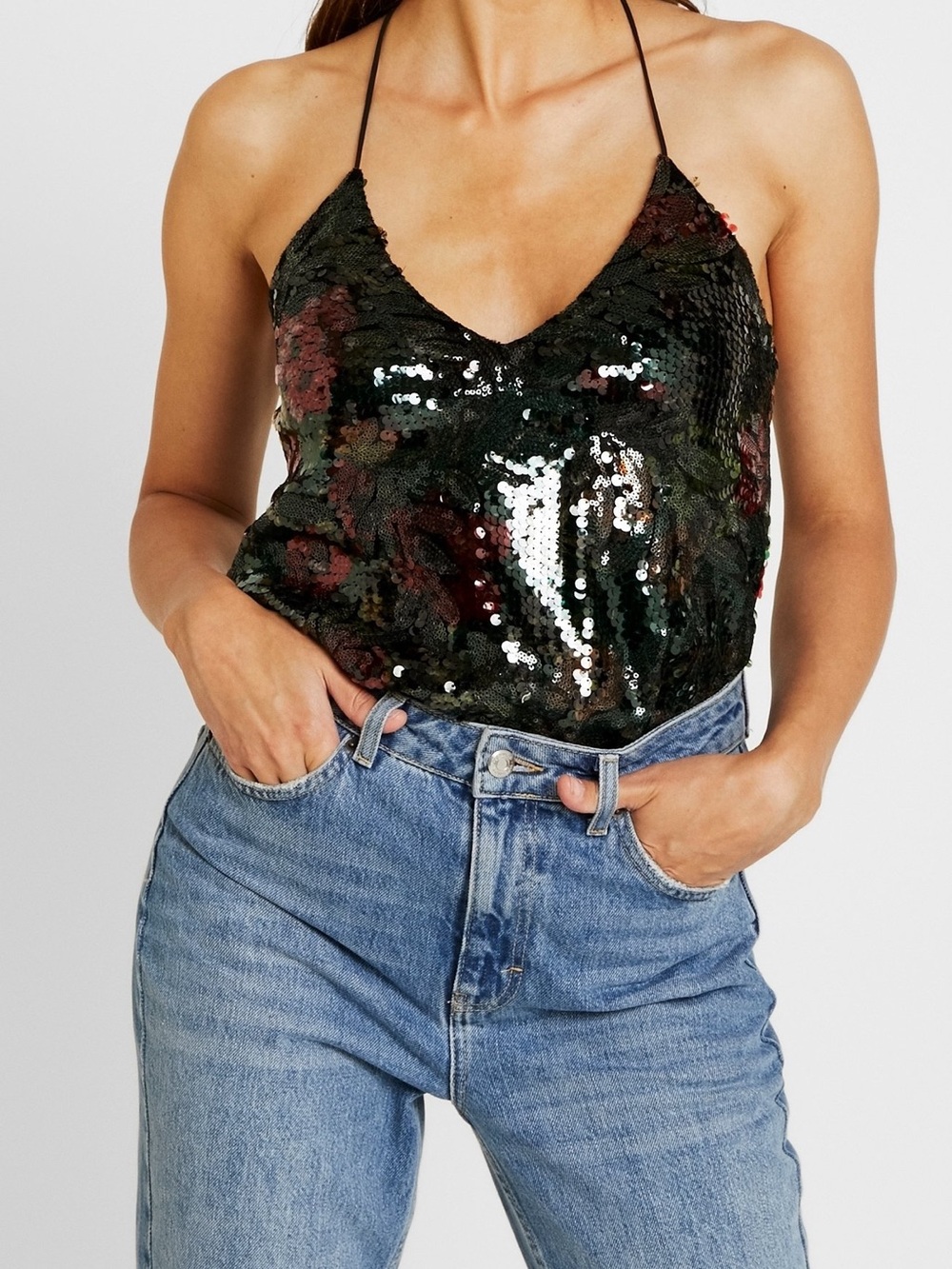 Topshop Dark Green Sequin Halter Camisole
